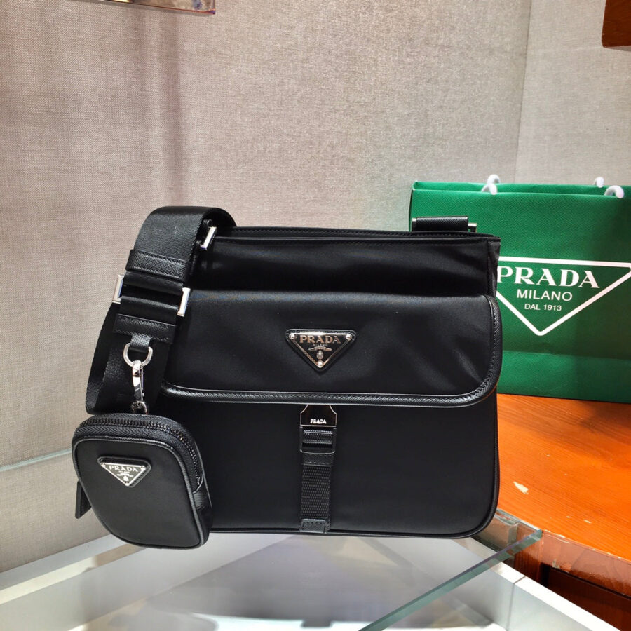 TRIANGLE LOGO CROSSBODY BAG 25 IN BLACK RE-NYLON AND SAFFIANO LEATHER TRIM | Studio Nafay