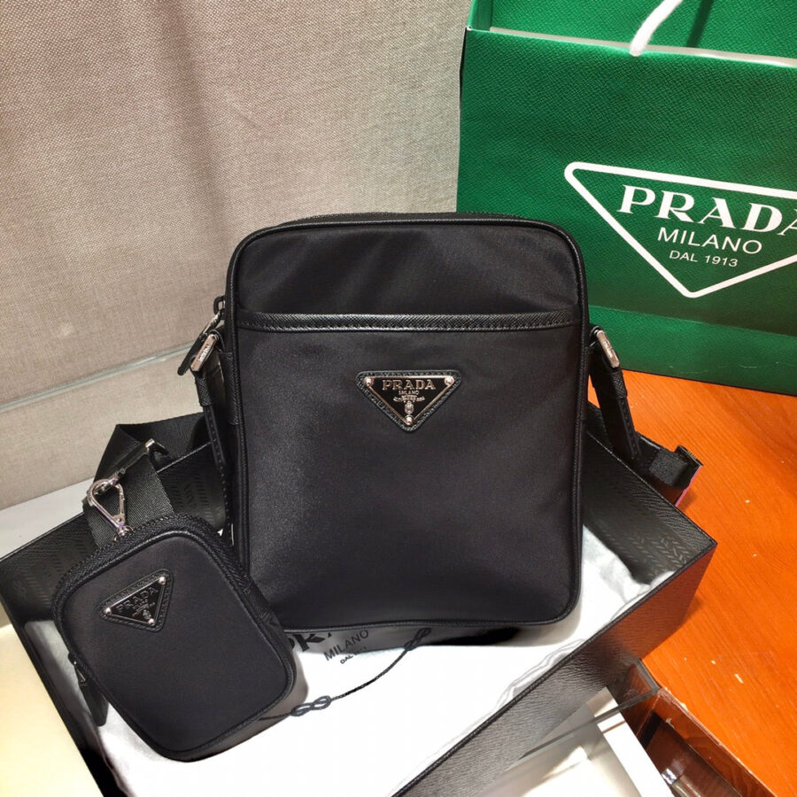CROSSBODY BAG 20 IN BLACK RE-NYLON AND SAFFIANO LEATHER TRIM | Studio Nafay