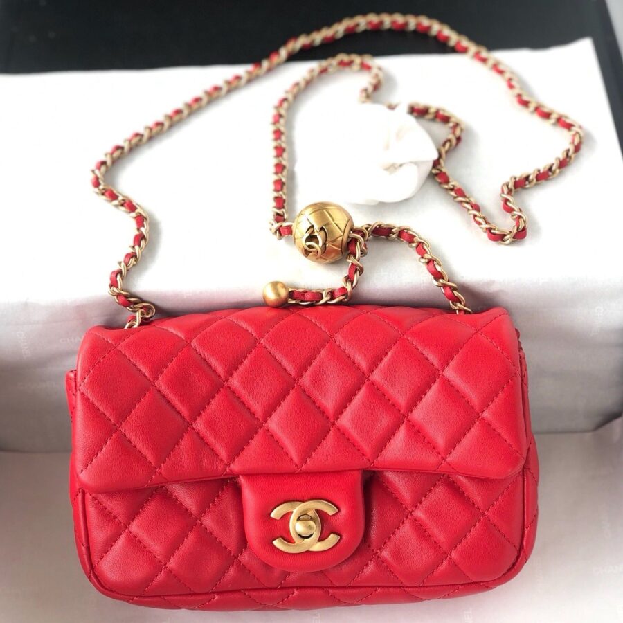 CHANEL MINI RECTANGLE CLASSIC FLAP BAG 20CM RED LAMBSKIN GOLD HARDWARE | Studio Nafay