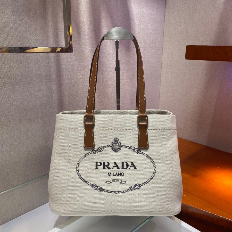 TOTE BAG 33 IN WHITE CANVAS AND BROWN CALFSKIN HANDLE | Studio Nafay