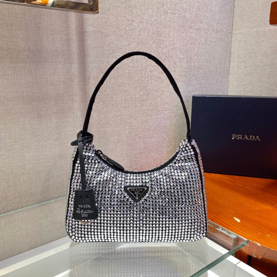 SPARKLING HOBO BAG 23 IN BLACK NYLON ATTACHED FULLY CRYSTALS | Studio Nafay