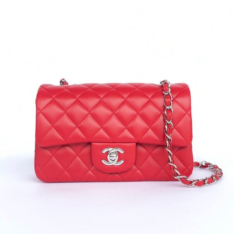 MINI RECTANGLE FLAP BAG 20CM RED LAMBSKIN SILVER HARDWARE | Studio Nafay