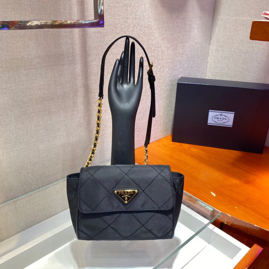 SMALL QUILTED FLAP BAG 18 IN BLACK RE-NYLON FABRIC GOLD CHAIN | Studio Nafay
