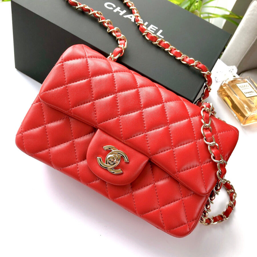 MINI RECTANGLE FLAP BAG 20CM RED LAMBSKIN GOLD HARDWARE | Studio Nafay