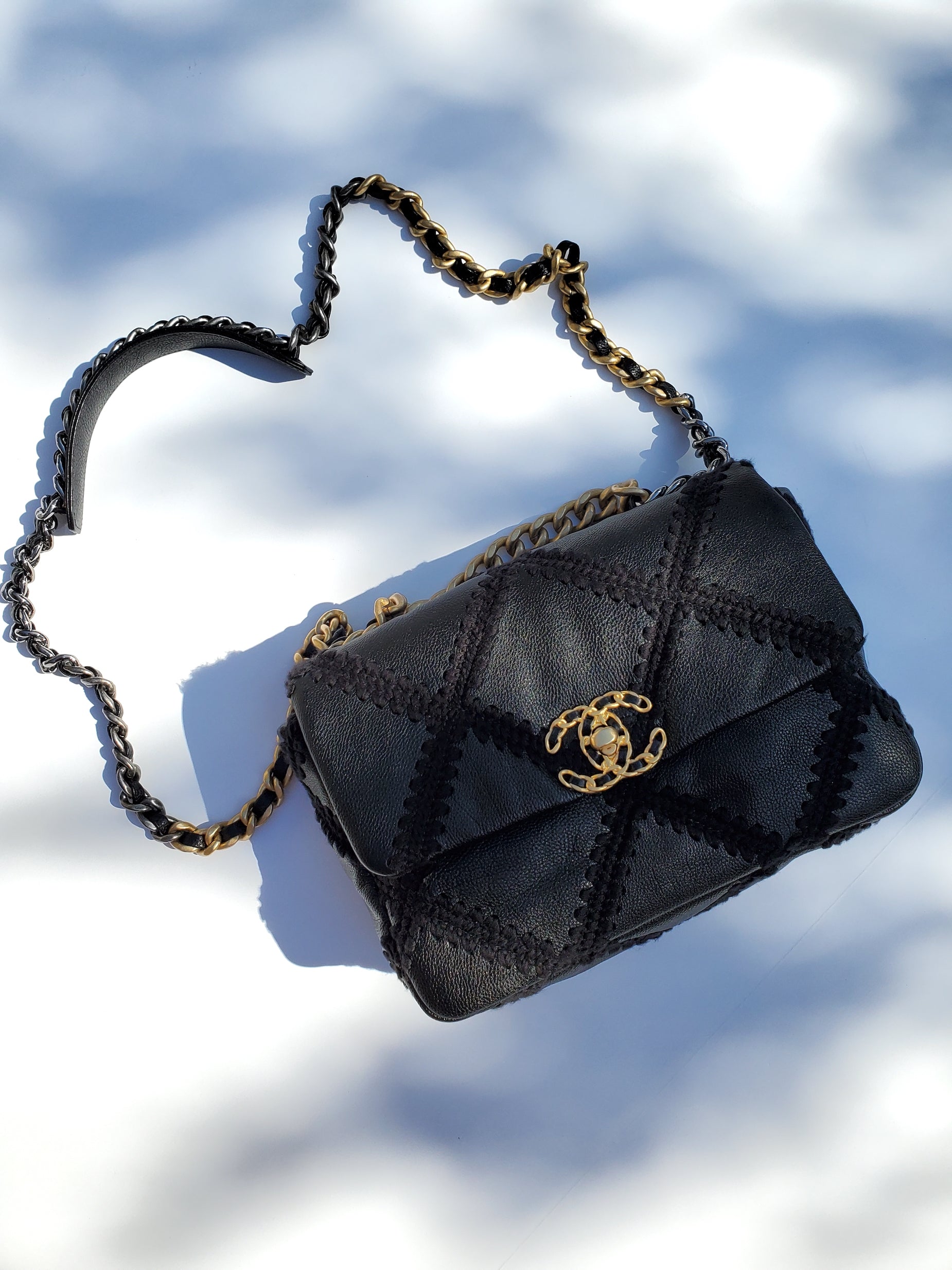 CHANEL 19 Black Crochet Calfskin Quilted Chain Bag