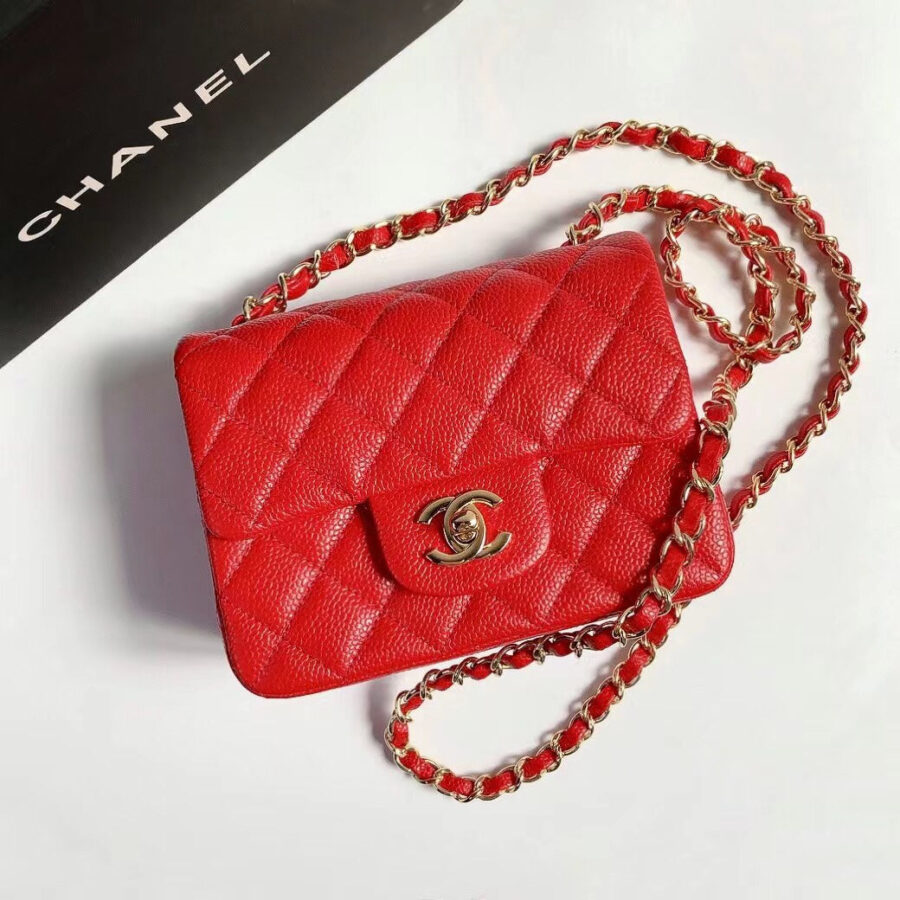 MINI SQUARE FLAP BAG 17CM RED CAVIAR GOLD HARDWARE | Studio Nafay