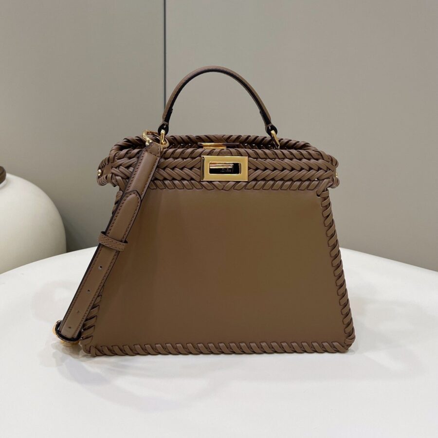 PEEKABOO ISEEU 27 IN BROWN SMOOTH CALFSKIN WITH WOVEN TRIM GOLD HARDWARE | Studio Nafay