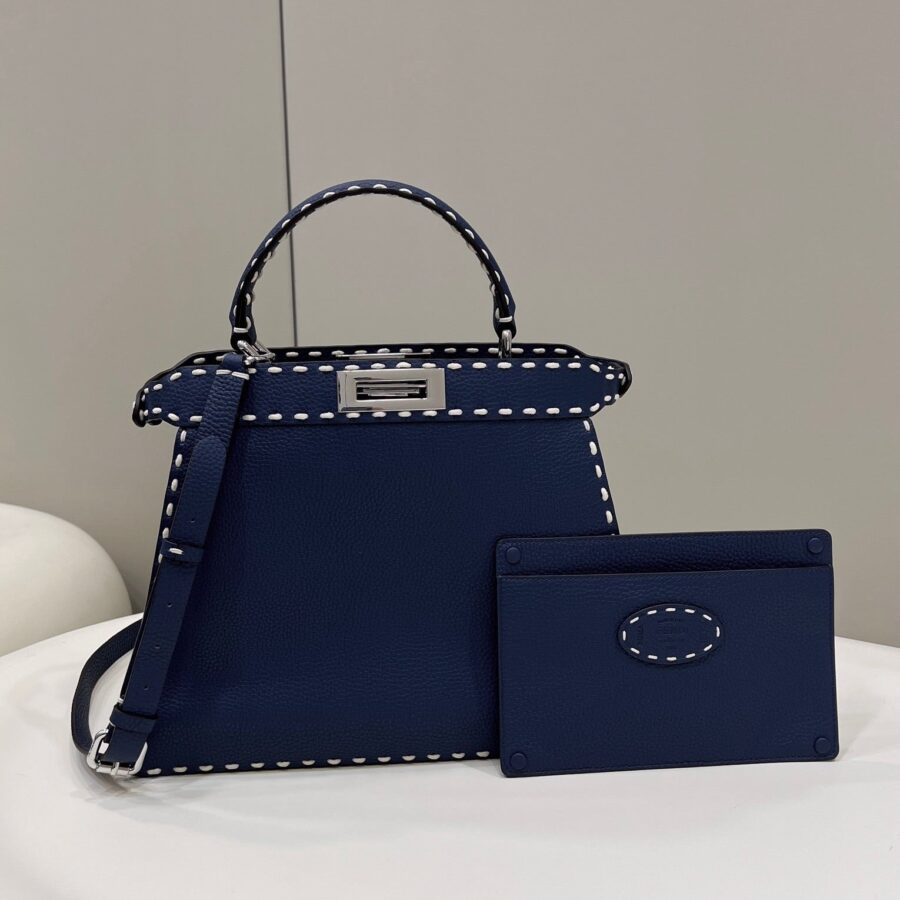 PEEKABOO ISEEU 33 IN NAVY BLUE GRAINED CALFSKIN SILVER HARDWARE | Studio Nafay