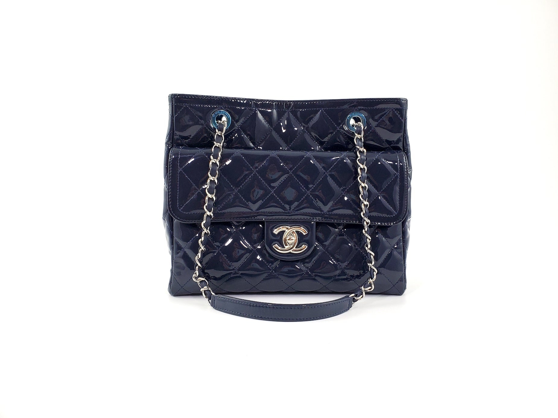 CHANEL Coco Shine Small Navy Quilted Patent Pocket Shopping Tote