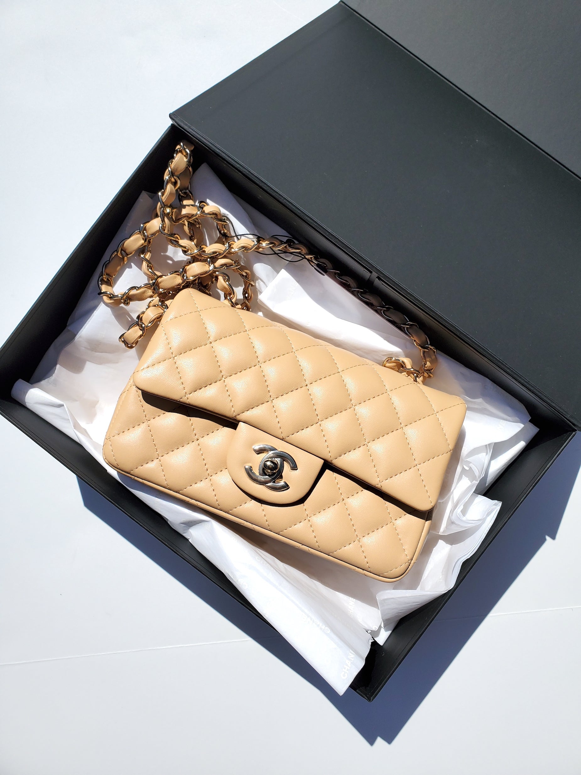 New Chanel Classic Rectangular Mini Beige Flap Bag