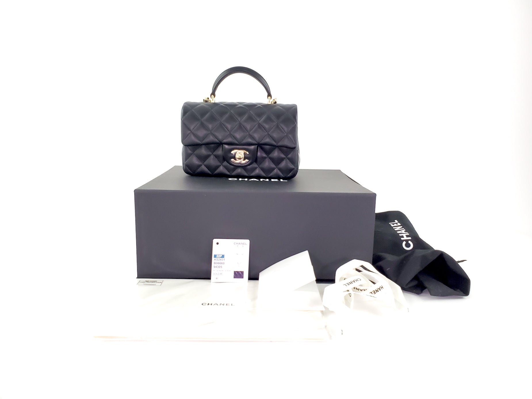 CHANEL 22P Top Handle Black Rectangular Mini Flap Bag