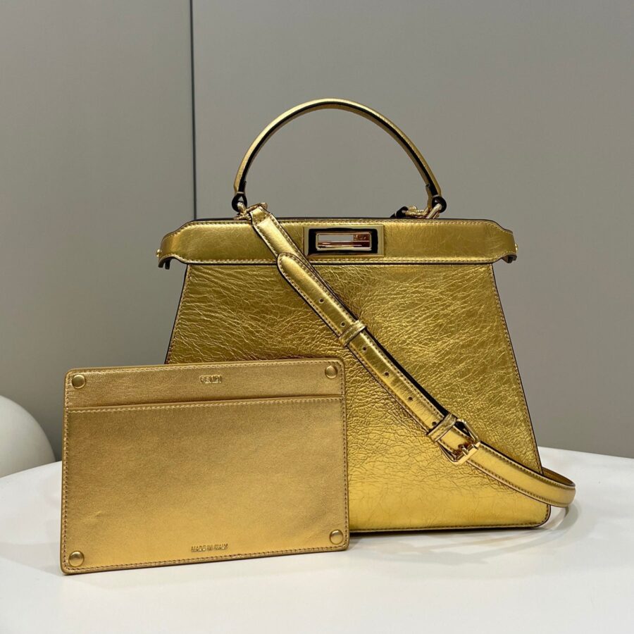 PEEKABOO ISEEU 33 IN GOLD METALLIC CALFSKIN GOLD HARDWARE | Studio Nafay