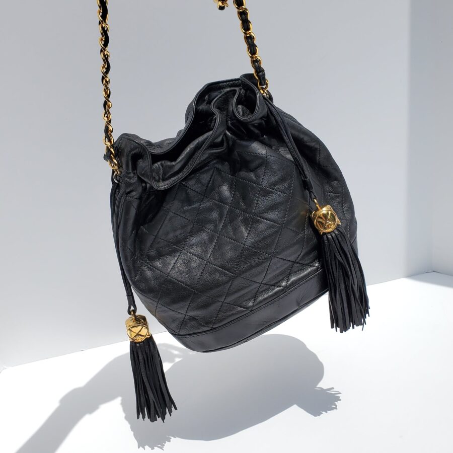 CHANEL 24k Gold Black Leather Quilted Bucket Bag | Studio Nafay