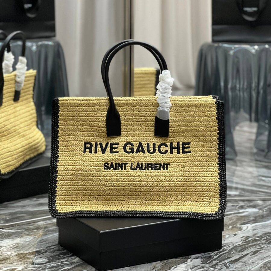 RIVE GAUCHE TOTE BAG 48 IN LIGHT YELLOW AND BLACK TRIM RAFFIA | Studio Nafay