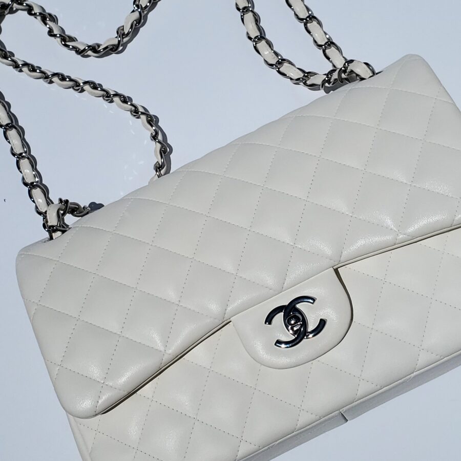 Chanel White Lambskin Leather Quilted Jumbo Classic Flap Bag | Studio Nafay