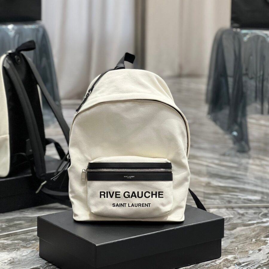 RIVE GAUCHE BACKPACK 35 IN WHITE CANVAS MIX BLACK CALFSKIN | Studio Nafay