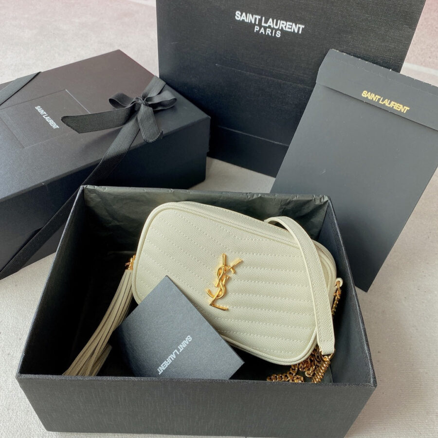 LOU MINI CAMERA BAG 19 IN WHITE CAVIAR PATTERN CALFSKIN GOLD HARDWARE | Studio Nafay
