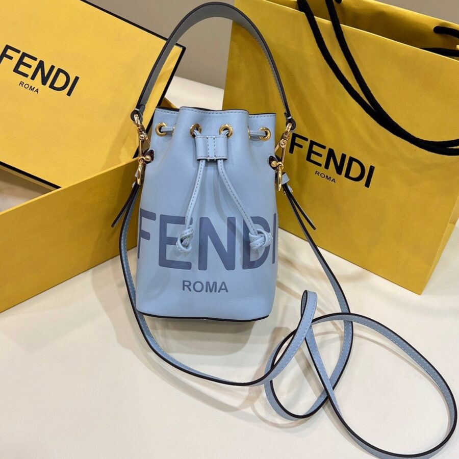 MON TRESOR MINI 18 BAG IN LIGHT BLUE CALFSKIN FF WITH GOLD HARDWARE | Studio Nafay