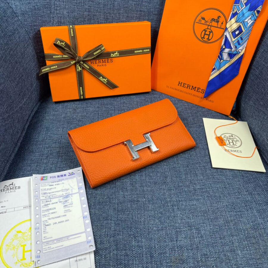 HM CLUTCH CONSTANCE 22 ORANGE CALFSKIN SILVER HARDWARE | Studio Nafay