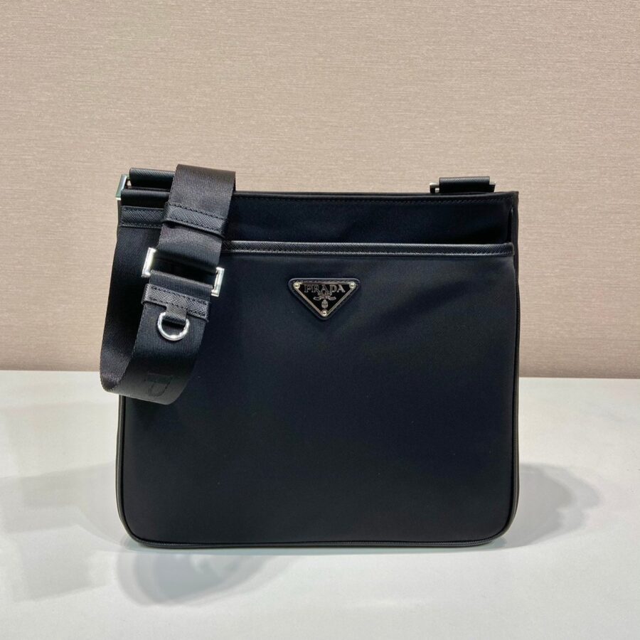 SQUARE BAG 28 IN BLACK RE-NYLON AND SAFFIANO LEATHER TRIM | Studio Nafay