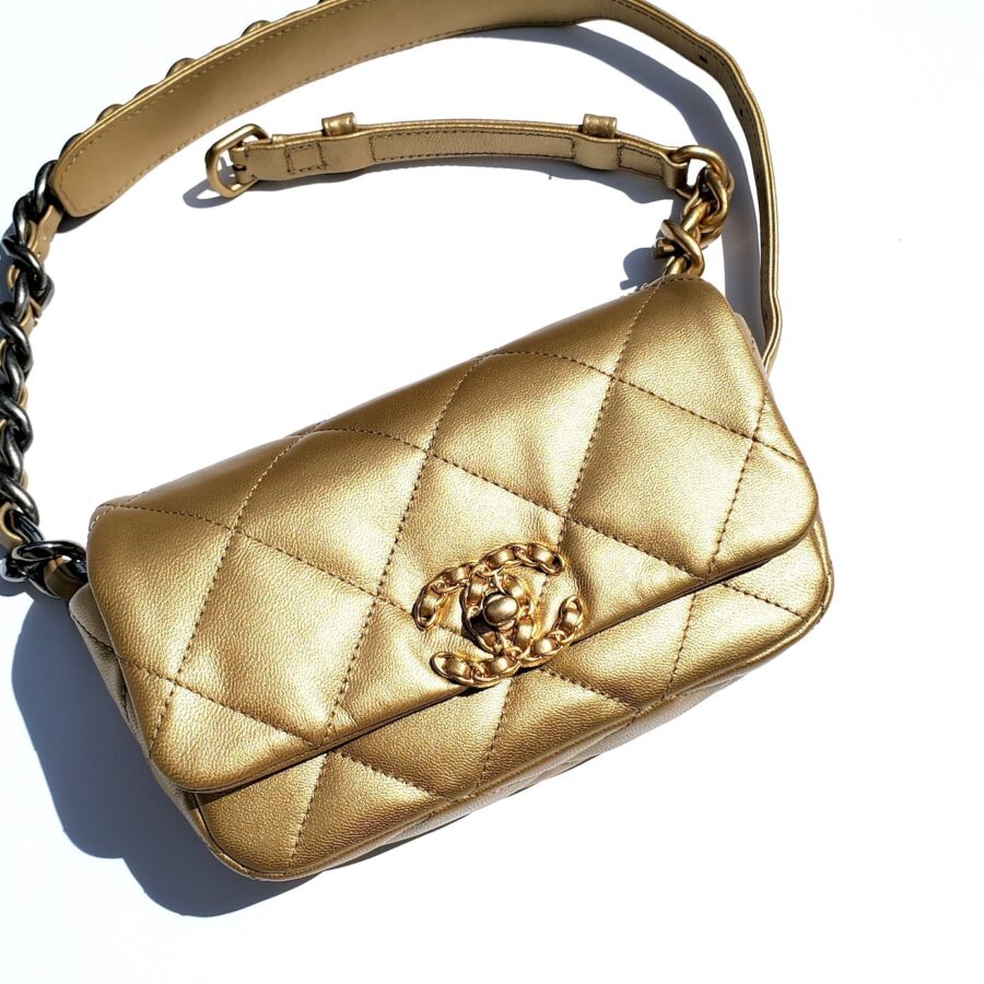 CHANEL 19 Metallic Gold Goatskin Quilted Waist Belt Bag | Studio Nafay