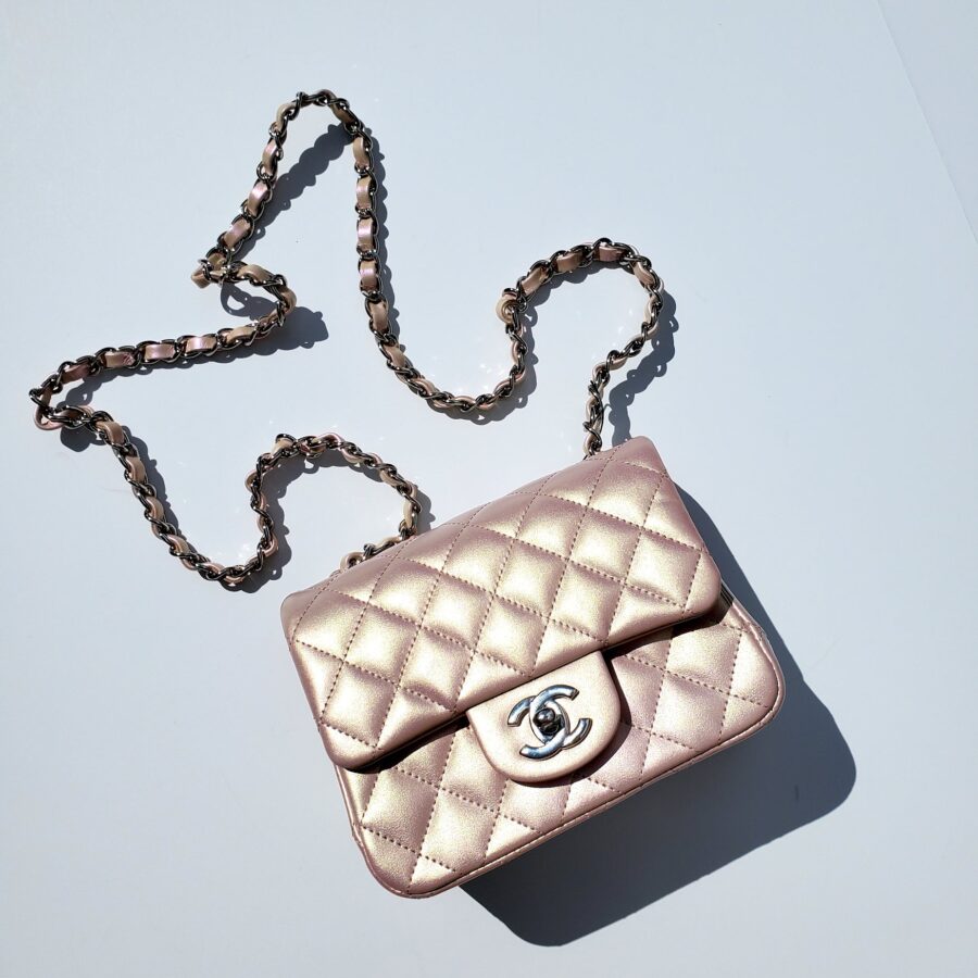 New CHANEL Square Mini Iridescent Pink Calfskin Leather Bag | Studio Nafay
