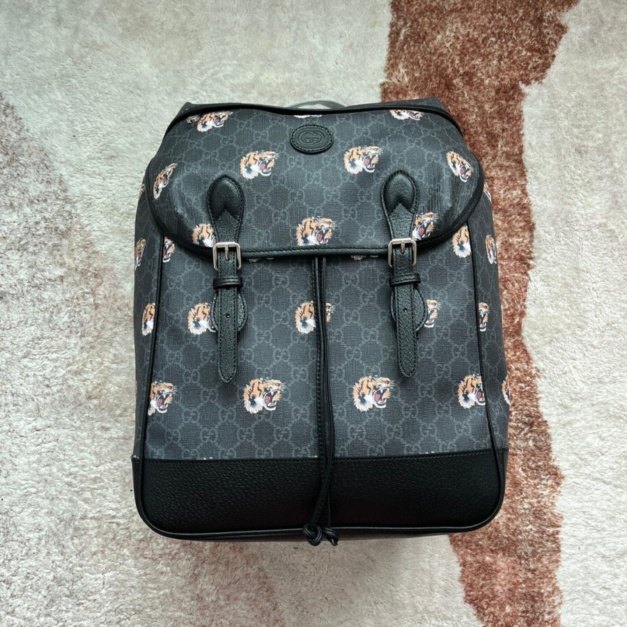 TIGER PRINT MEDIUM BACKPACK 43 IN BLACK CANVAS AND LEATHER TRIM | Studio Nafay