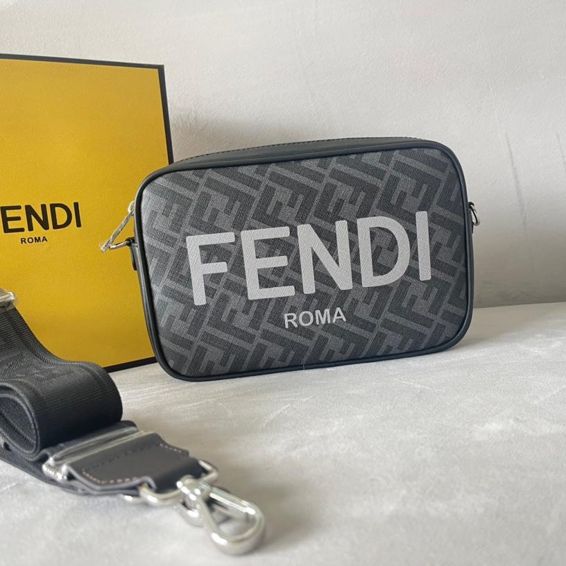 FENDI ROMA 22 CLUTCH BAG IN DARK GREY FF CALFSKIN SILVER HARDWARE WITH WHITE LOGO | Studio Nafay