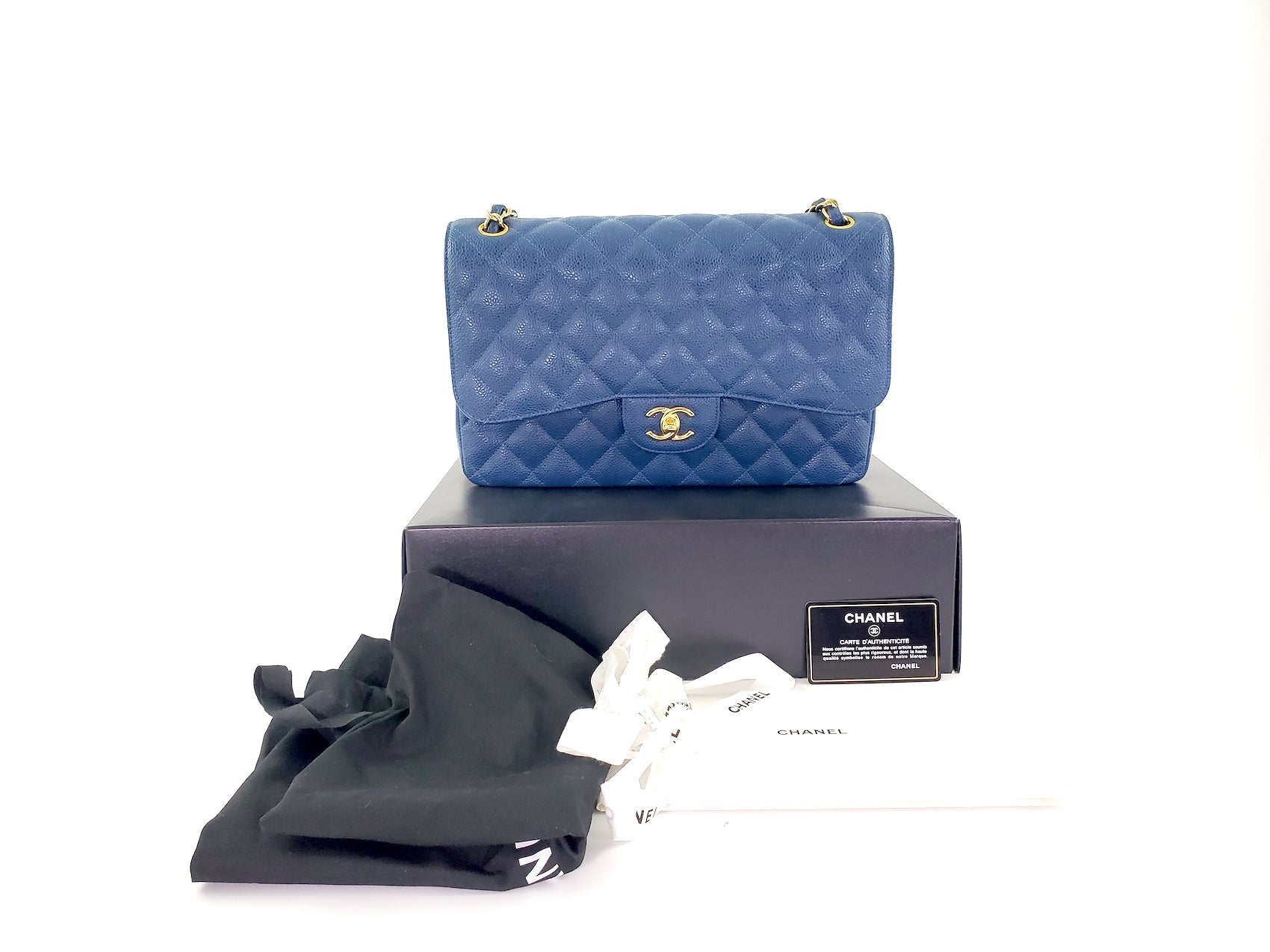 CHANEL Blue Caviar Jumbo Classic Quilted Double Flap Bag