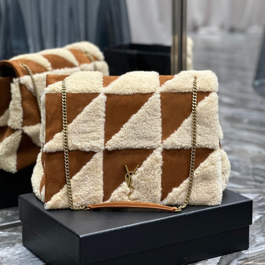 JAMIE 4.3 LARGE BAG 38 IN BROWN SUEDE MIX BEIGE SHEARLING GOLD HARDWARE | Studio Nafay