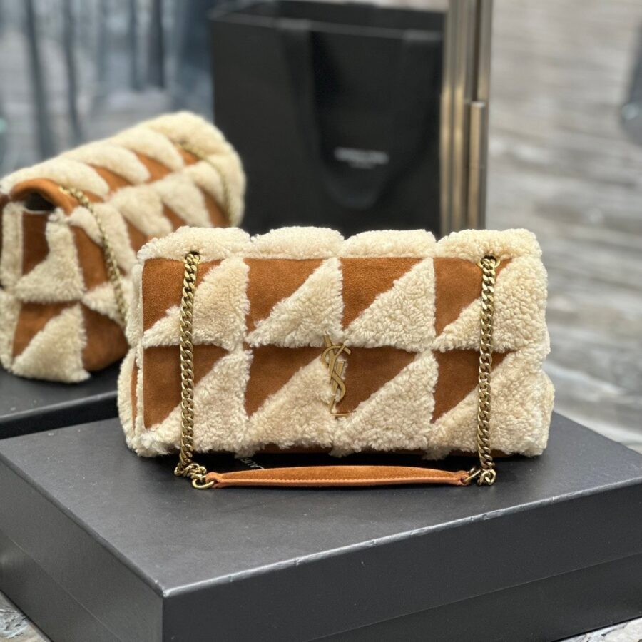 JAMIE BAG 25 IN BROWN SUEDE MIX BEIGE SHEARLING GOLD HARDWARE | Studio Nafay