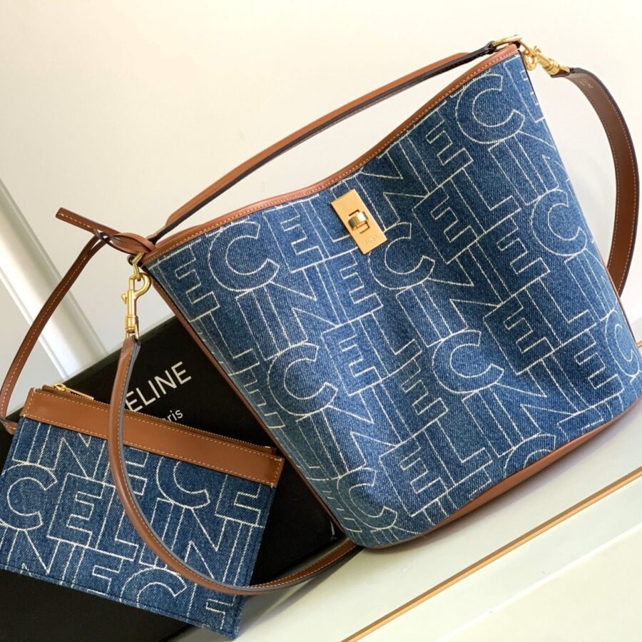 BUCKET 25 PRINTED DENIM BAG NAVY BLUE | Studio Nafay