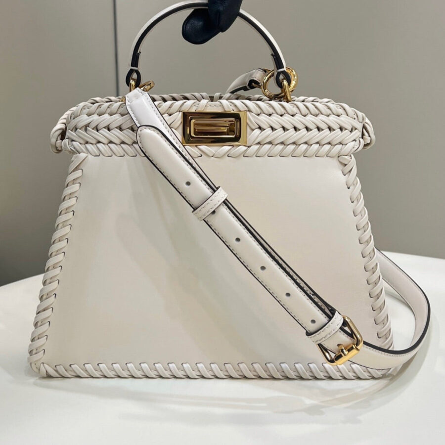PEEKABOO ISEEU 27 IN WHITE SMOOTH CALFSKIN WITH WOVEN TRIM GOLD HARDWARE | Studio Nafay