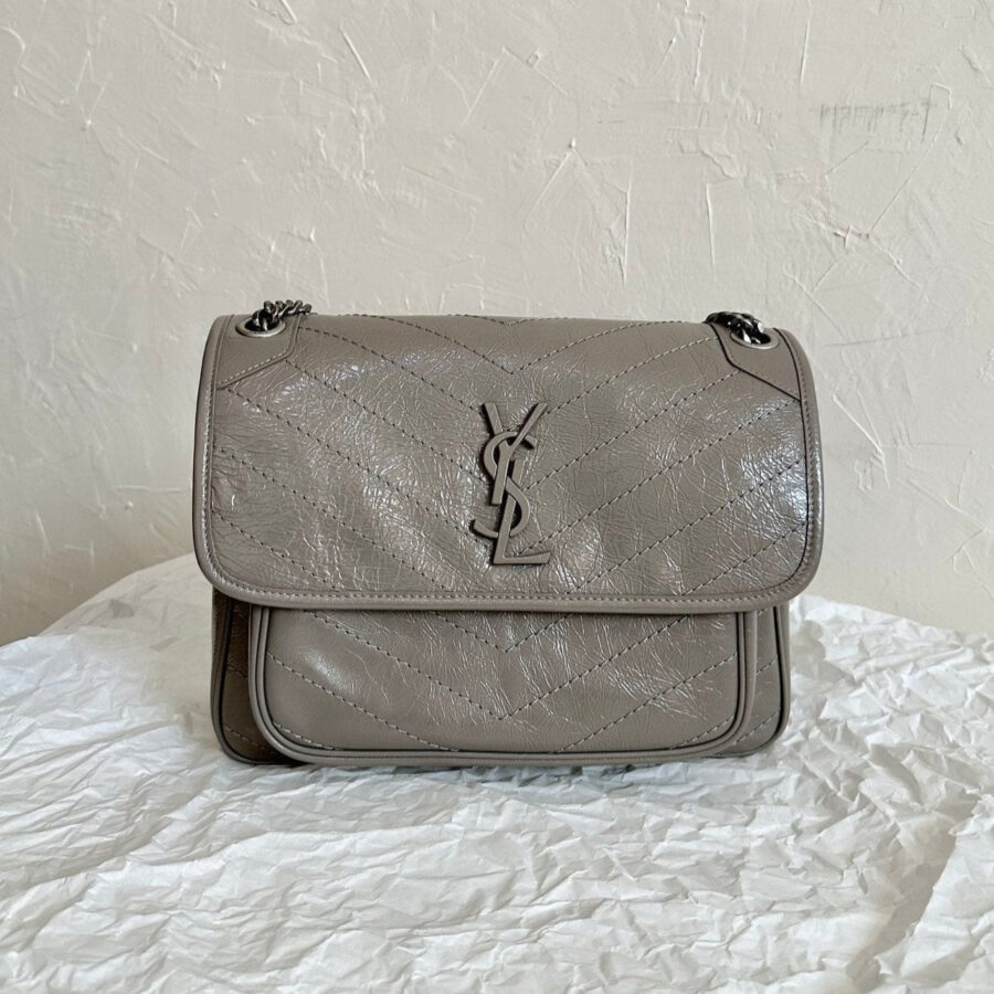 YSL Niki Medium Bag 28cm Grey Crinkled Leather | Studio Nafay