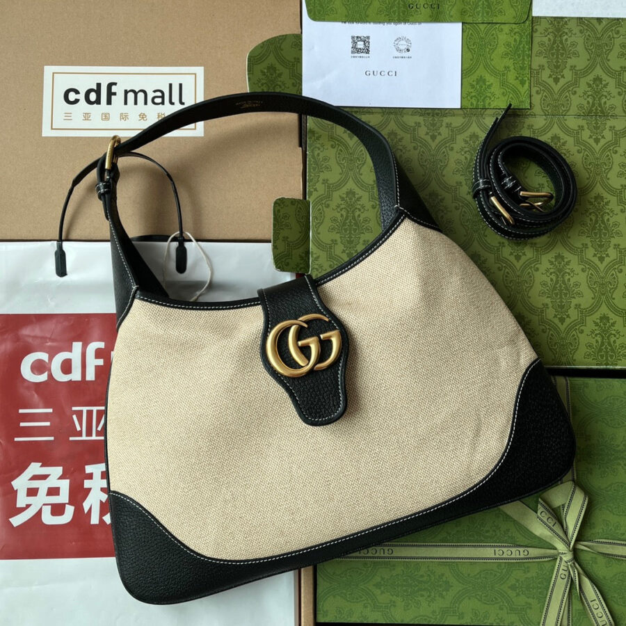 MEDIUM APHRODITE 39 BAG IN BEIGE CANVAS AND BLACK CALFSKIN GOLD HARDWARE | Studio Nafay