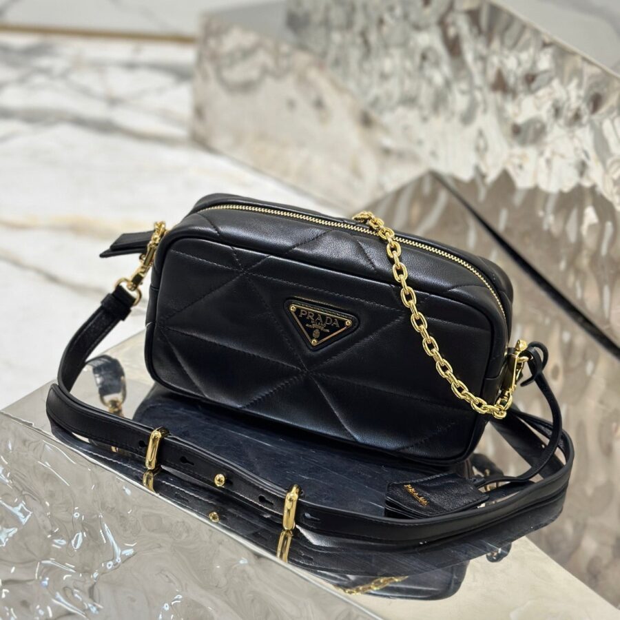 CAMERA BAG 22 IN BLACK TRIANGLE PATTERN QUILTED LAMBSKIN GOLD HARDWARE | Studio Nafay