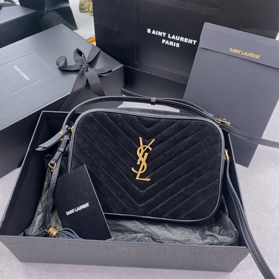 LOU CAMERA BAG 23 IN BLACK SUEDE AND CALFSKIN TRIM | Studio Nafay