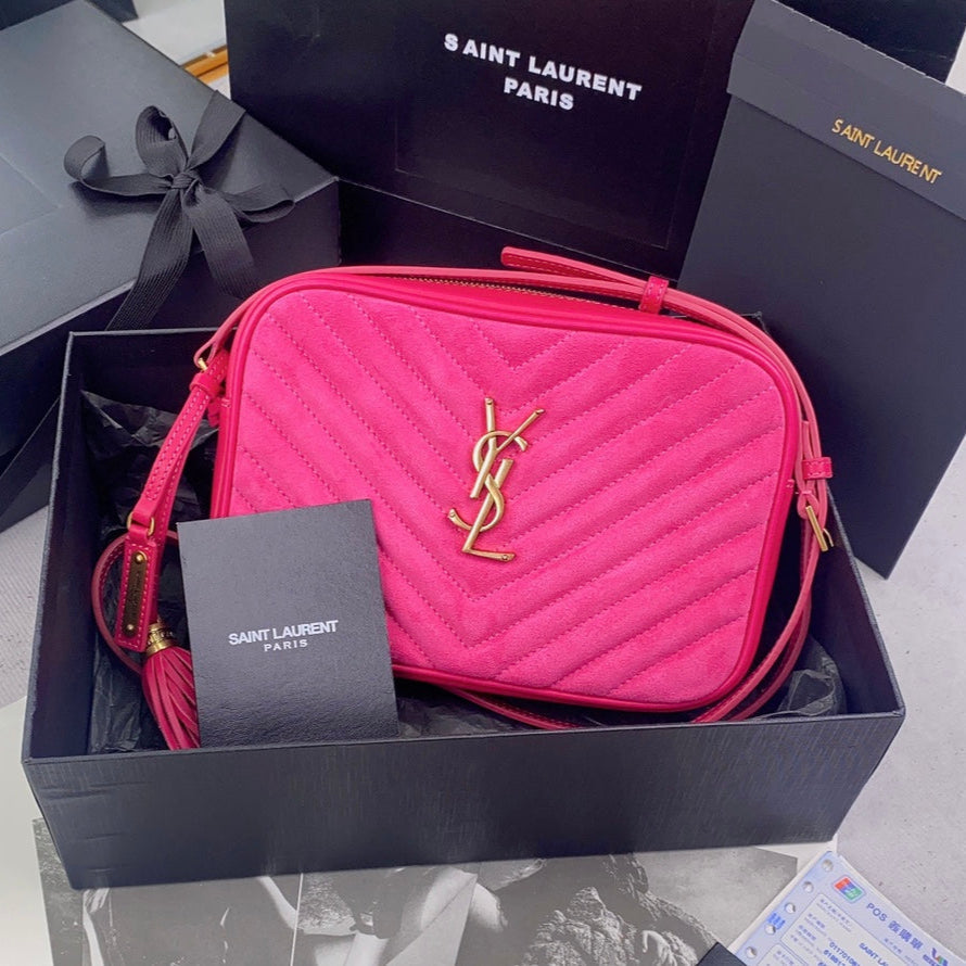 LOU CAMERA BAG 23 IN BRIGHT PINK SUEDE AND CALFSKIN TRIM | Studio Nafay