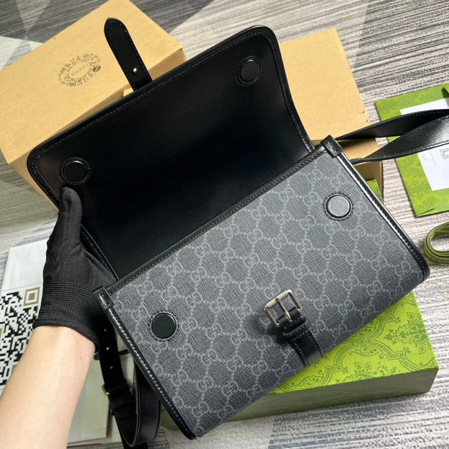 MESSENGER BAG 25 IN DARK GREY CANVAS ANG BLACK CALFSKIN | Studio Nafay