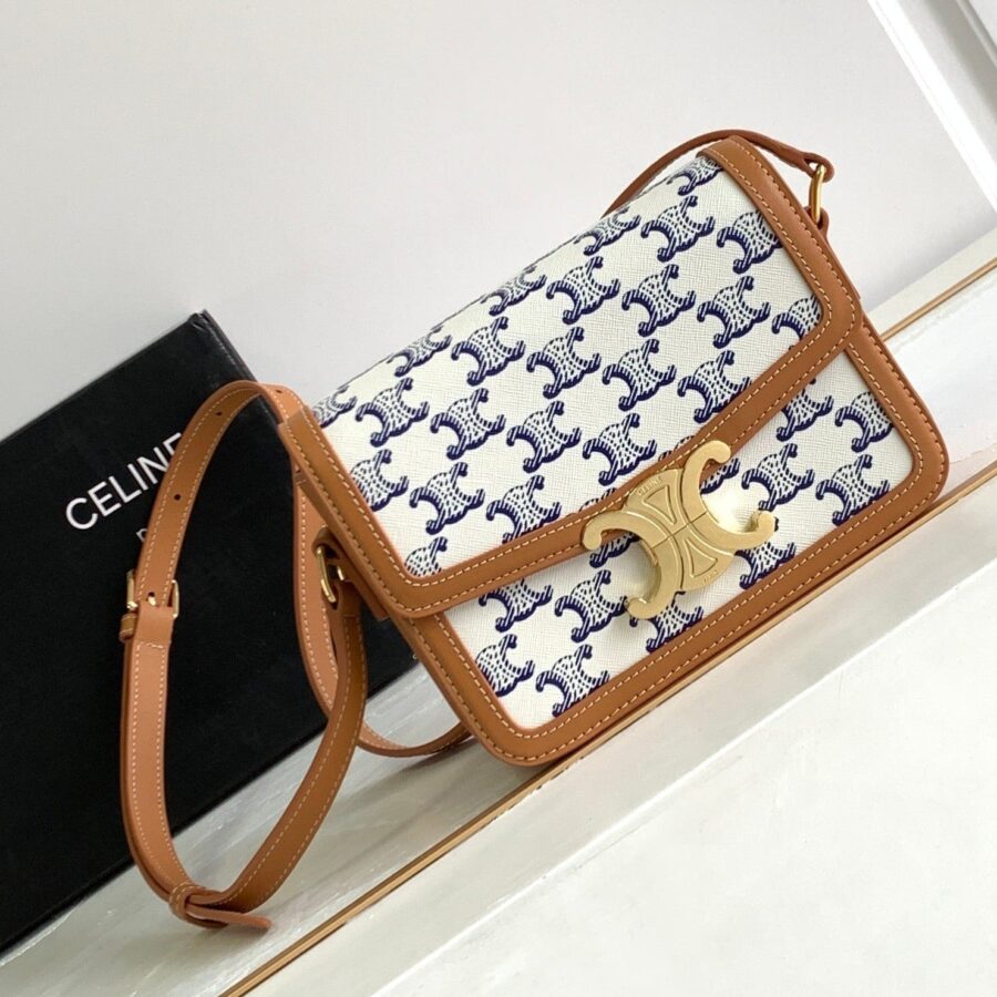 TEEN TRIOMPHE 18.5 WHITE BLUE MONOGRAM CANVAS BROWN CALFSKIN | Studio Nafay