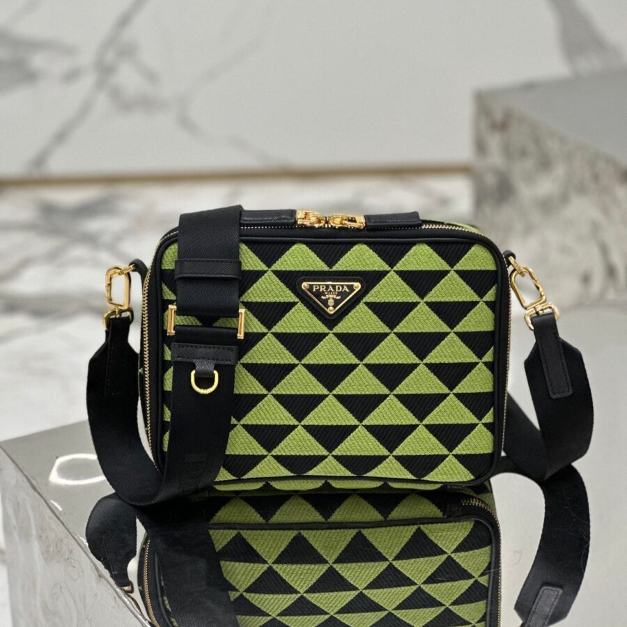 MESSENGER BAG 22 IN OCADO GREEN AND BLACK EMBROIDERED FABRIC GOLD HARDWARE | Studio Nafay