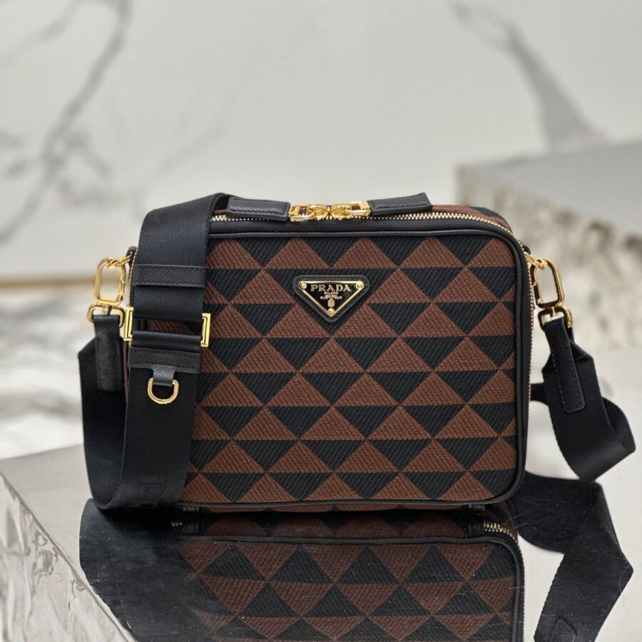 MESSENGER BAG 22 IN BLACK AND BROWN EMBROIDERED FABRIC GOLD HARDWARE | Studio Nafay