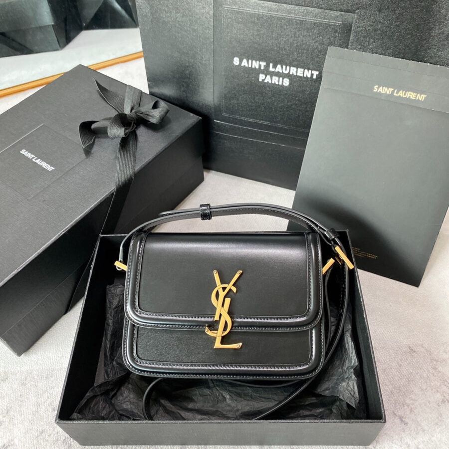 SOLFERINO SMALL SATCHEL 19 IN BLACK CALFSKIN GOLD LOGO | Studio Nafay