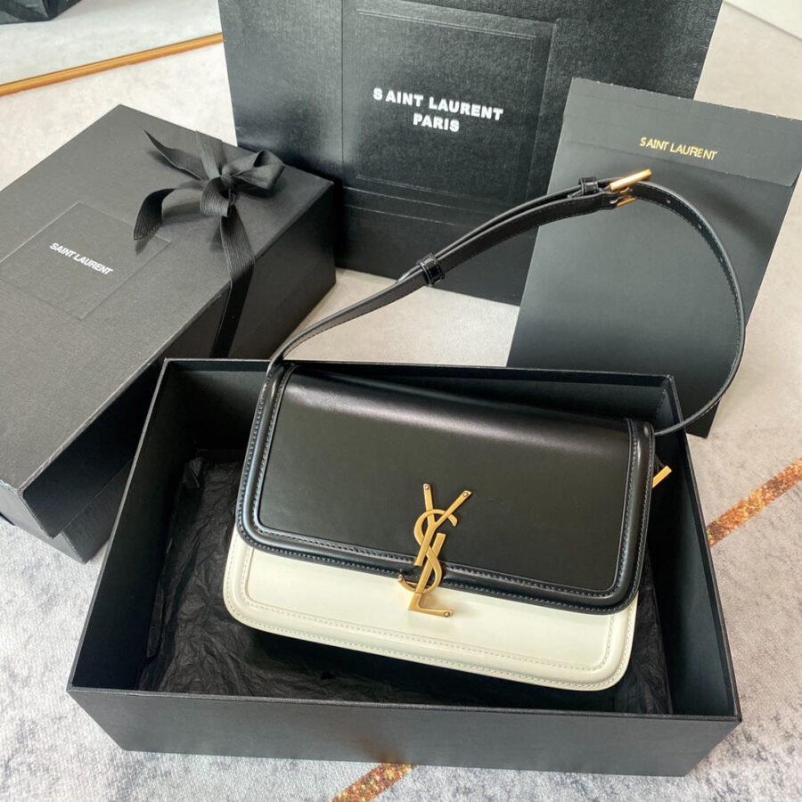 SOLFERINO MEDIUM SATCHEL 23 IN BLACK MIX WHITE CALFSKIN GOLD LOGO | Studio Nafay