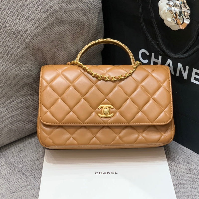 SMALL FLAP BAG 24CM TOP HANDLE BROWN LAMBSKIN GOLD HARDWARE | Studio Nafay