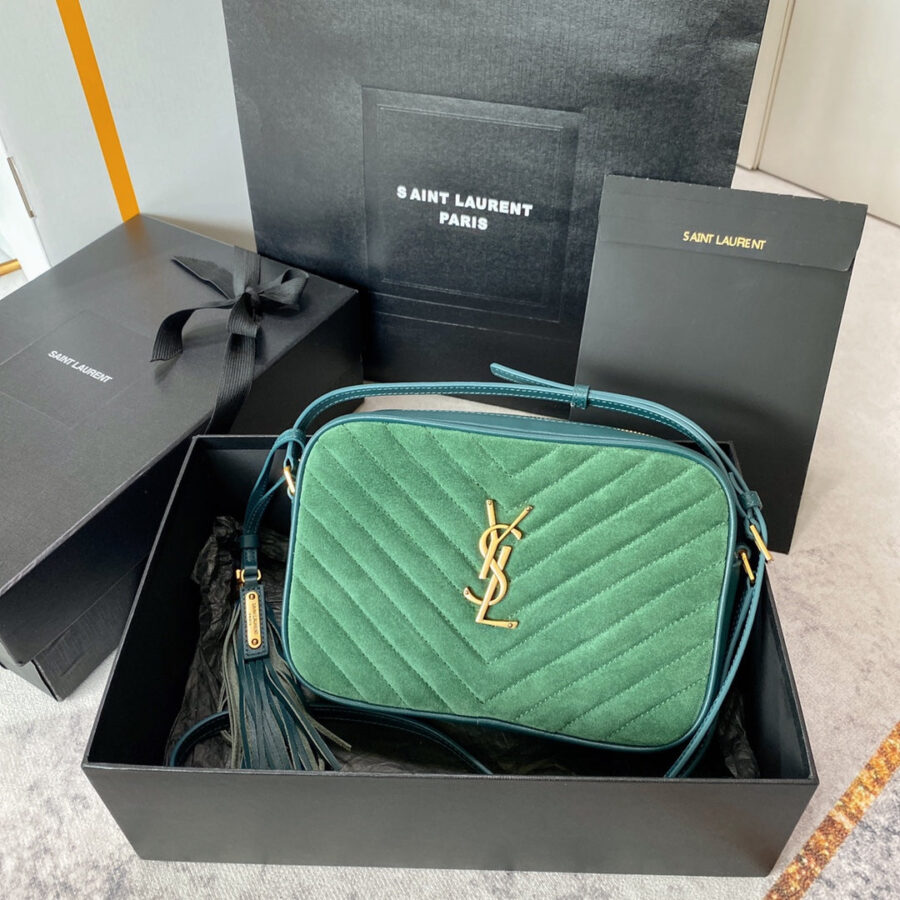 LOU CAMERA BAG 23 IN GREENISH SUEDE AND CALFSKIN TRIM | Studio Nafay