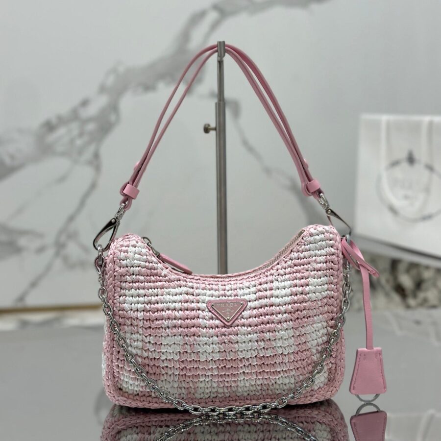 CROCHET HOBO BAG 22 IN PINK MIX WHITE RAFFIA SILVER HARDWARE | Studio Nafay