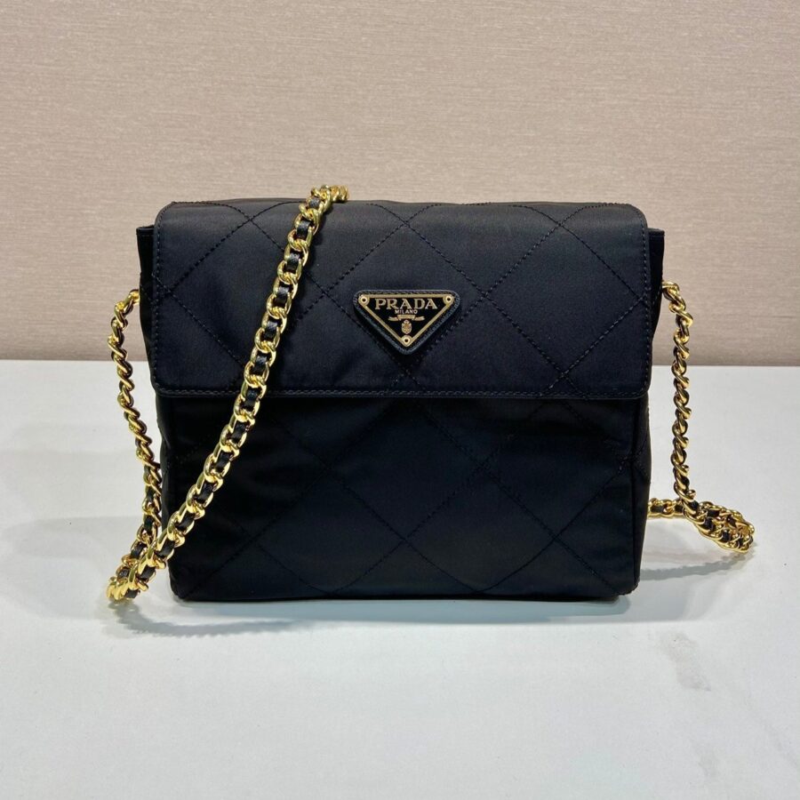 LARGE QUILTED FLAP BAG 23 IN BLACK RE-NYLON FABRIC GOLD CHAIN | Studio Nafay