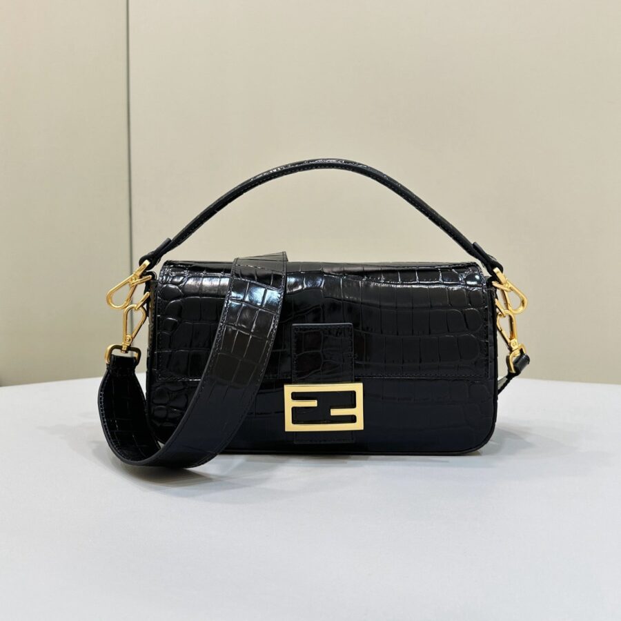 BAGUETTE 27 IN BLACK CROCODILE PATTERN GLOSSY CALFSKIN GOLD HARDWARE | Studio Nafay