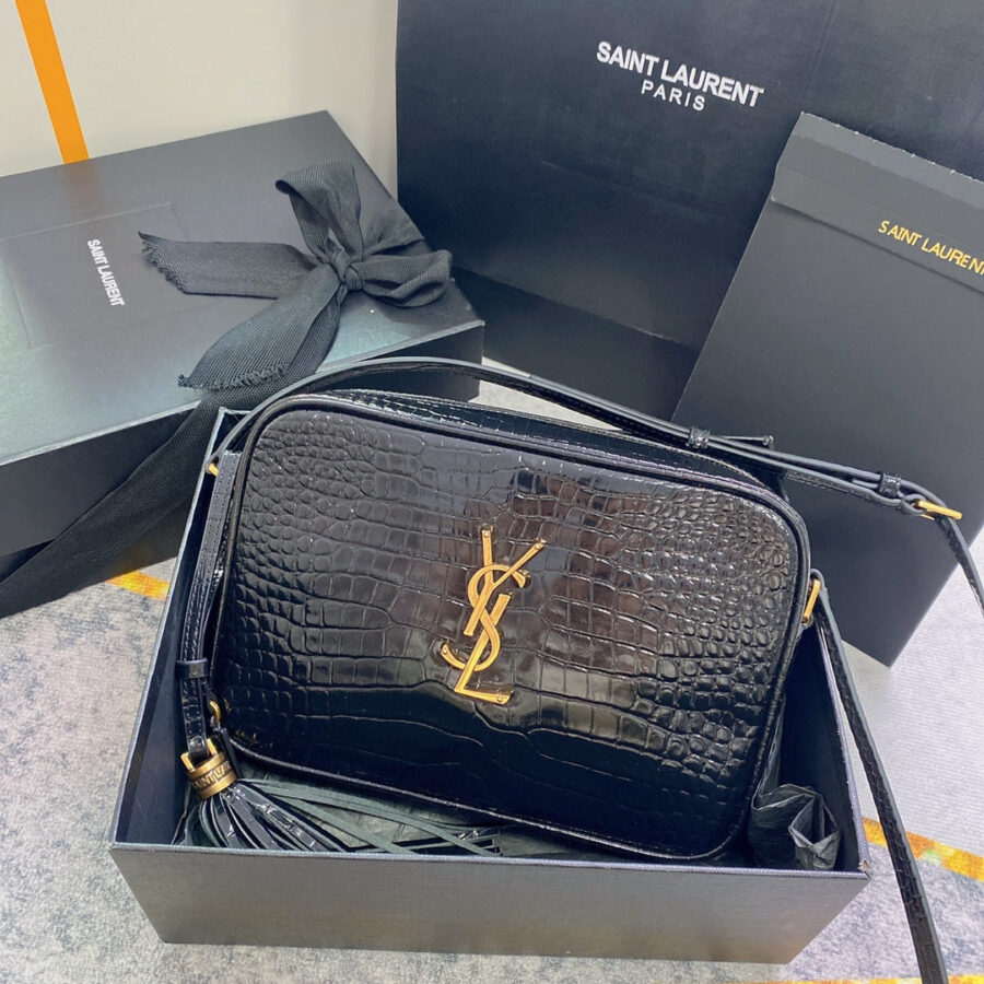 LOU CAMERA BAG 23 IN BLACK CROCODILE PATTERN CALFSKIN GOLD LOGO | Studio Nafay